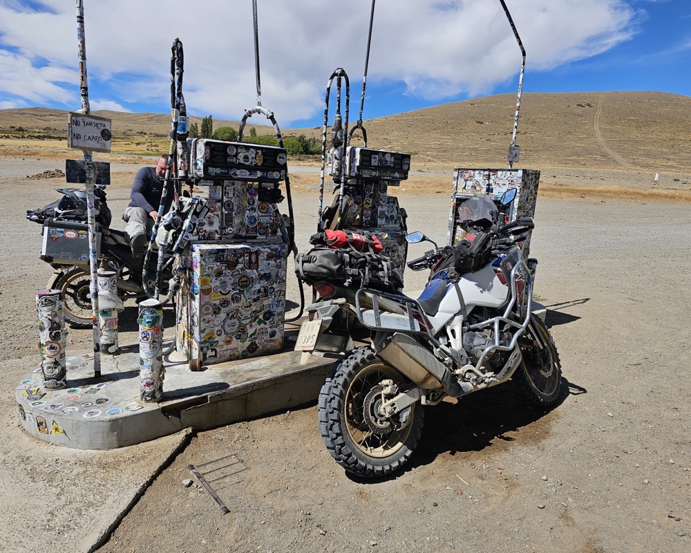 Motorcycle at a fuel station in Patagonia