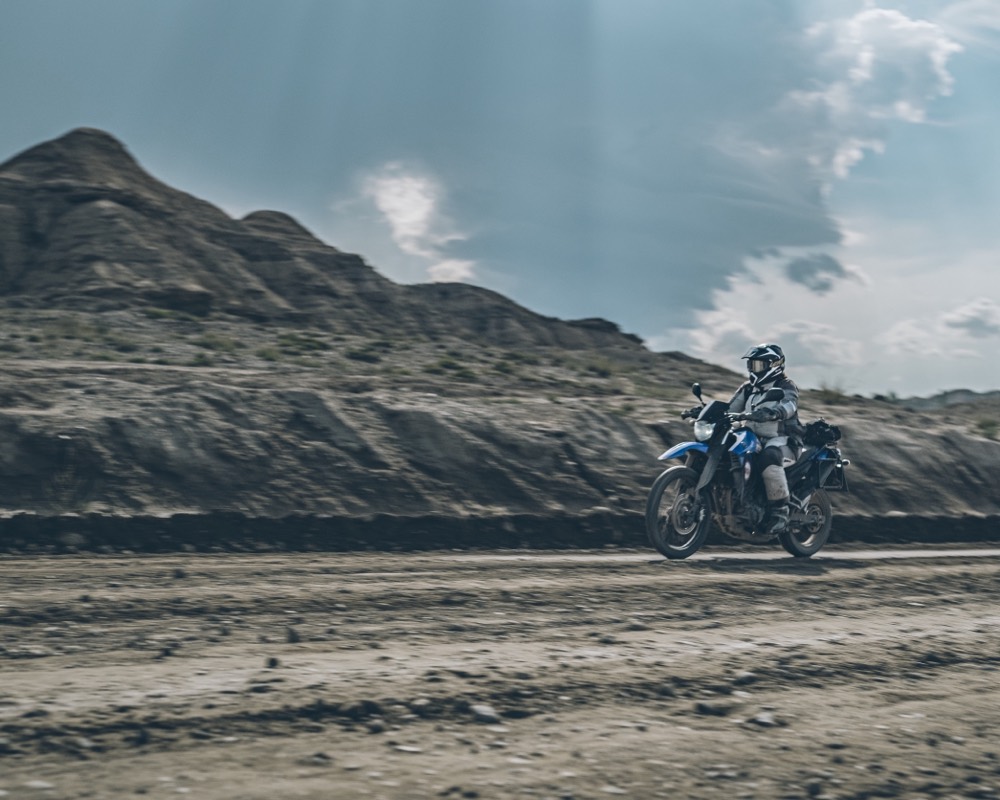 Adventure motorcycle on a mountain route in Kyrgyzstan
